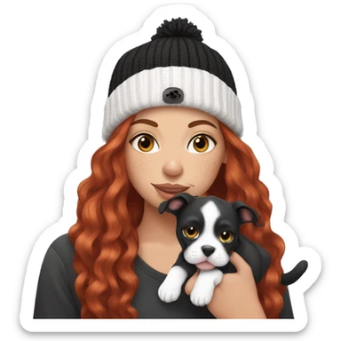 Long Red haired woman in beanie with septum piercing holding black and white English Staffordshire puppy and tabby cat sticker