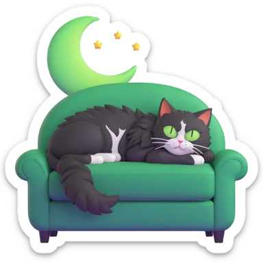 tricolor fluffy cat with big green eyes sleeping on a sofa with a moon above her sticker