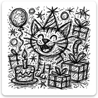 Add more gifts around the kitten, keeping the chaotic outlined style and all original elements intact sticker