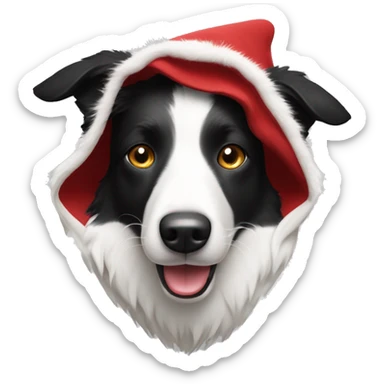 Black and white Border Collie wearing a red velvet hood with white fur trim. sticker