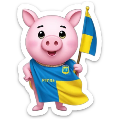Pepa pig holds a Ukrainian flag sticker