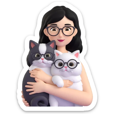 Skinny woman with oval glasses, shoulder length straight black hair, wearing white sleeveless top, hugging a Persian-Angora cat that's gray and white like Oreo cookies, plain background sticker