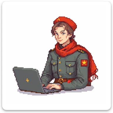 Young Soviet pioneer with red scarf and uniform using a laptop sticker