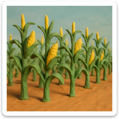 rows of tall corn stalks with green leaves and yellow corn in a corn field, soft pastel colors, blue sky, claymation style sticker