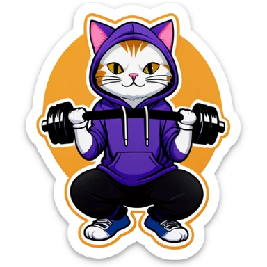 Cat in tank top and hoodie lifting weights sticker