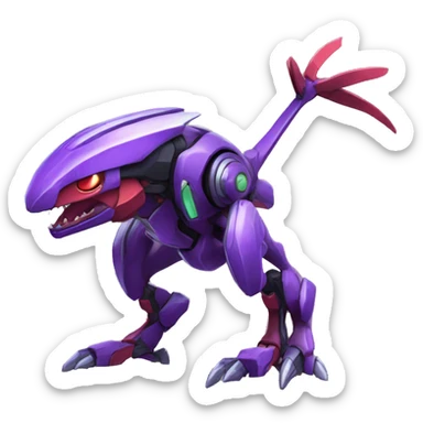 a shiny purple-green-red Genesect-Raptor-Fakémon—hybrid with a futuristic visor-helmet full body sticker