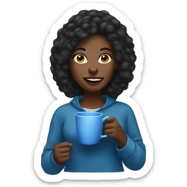 black woman, straight hair, holding blue mug of coffee with a cozy expression sticker