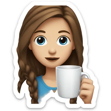 A girl with brown hair with blue eyes holds a mug sticker