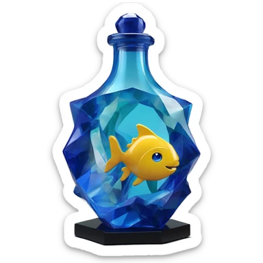 symbolic ocean in a bottle sculpture symbolizing Pisces with a geometric, faceted design. The bottle is standing upright with angular and baroque features. The vibrant deep blue waves colors highlights the sharp edges and planes.  sticker