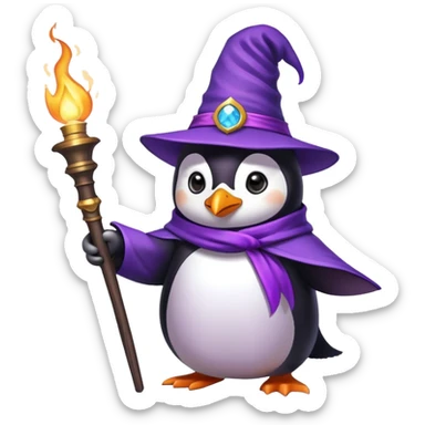 Wizard pinguin with purple magican hat, holding torch sticker