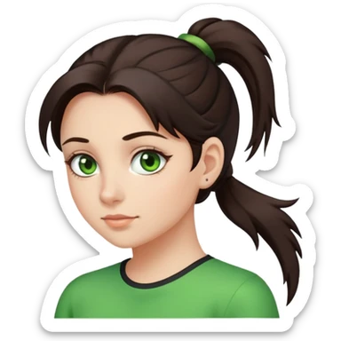A girl with dark brown hair in a ponytail and green eyes sticker
