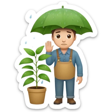 Create a sad farmer emoji standing under falling rain, holding a small green plant, with a disappointed expression, minimal flat design, muted colors, vector style, white background. sticker