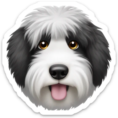 Fluffy Old English sheepdog face with the left half of his face white and the black half of his face black. White around the mouth and nose. Coloring around the eyes should be half and half as described like a black and white cookie sticker