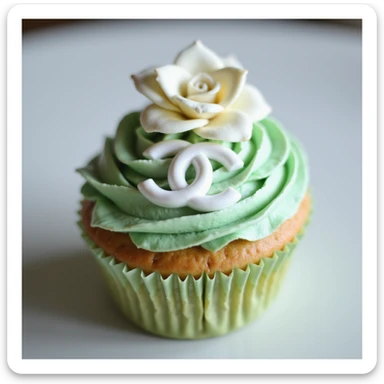 photorealistic pastel green Chanel cupcake with a white camellia flower and edible logo sticker