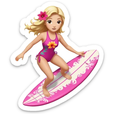 cute female surfer riding waves, hibiscus flower in hair, tropical swimsuit, colorful surfboard with Hawaiian patterns, water splash, 3D cartoon, mobile game icon style, clean background, no text sticker