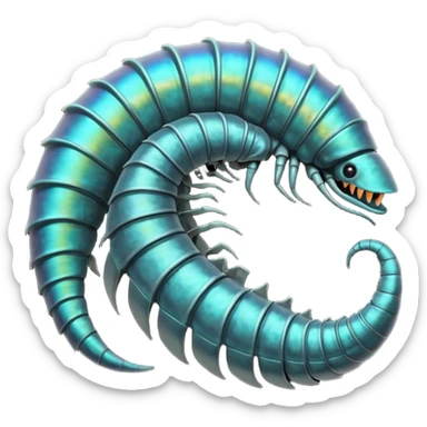 An iridescent, chitinous trilobite with glowing cyan eyes pulses rhythmically as a miniature black hole orbits its brow, distorting space-time. Its fractal-patterned exoskeleton shifts colors unsettlingly, and its mouth opens into a spiraling void that hums with forgotten whispers. sticker