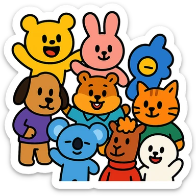 BTS members as cartoon animals, playful and fun, group setting sticker