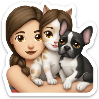 brunette hair girl cuddling a black and white frenchbulldog and a lynx point tabby cat sticker