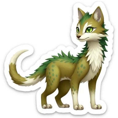 Kawaii cool edgy brown beige white fantasy ethereal feline-vernid-sergal-fursona animal creature with a tufted tail full body with intricate markings, hazel-gold-green eyes sticker