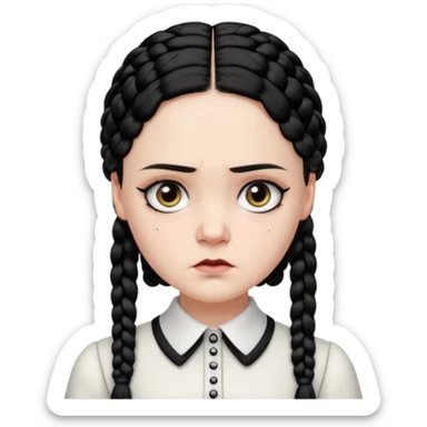 Draw Wednesday Addams with pale skin, black braids, white-collared dress & serious expression. sticker