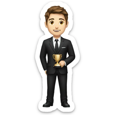 A young man with brown hair with a black suit holding a trophey, full body sticker