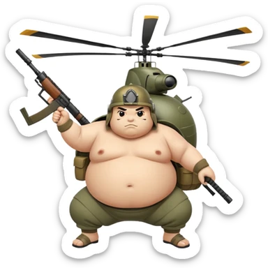 A fat sumo fighter holding a RPG with a army helmet and he’s hanging off a side of a helicopter  sticker