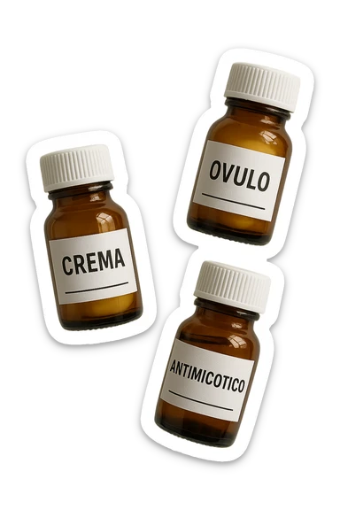 boccette di farmaci fluttuano in aria con le scritte: crema, ovulo o antimicotico in italiano sulle etichette, IPERREALISTICO 4K sticker