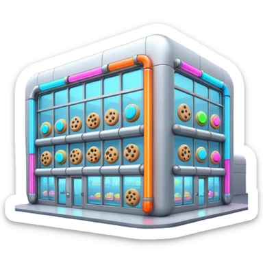 Outside view of a futuristic cookie factory, sleek silver walls, robotic arms visible through glass panels, glowing neon pipes along the structure, emoji-style sticker