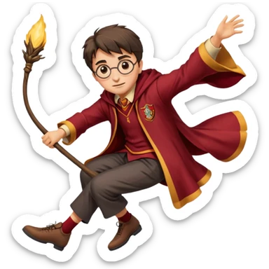 Cartoon-style illustration of Harry Potter flying on a broomstick, Gryffindor red and gold outfit, expressive face, dynamic motion, magical vibe, smooth shading, vibrant colors, no background, transparent background, isolated character. sticker