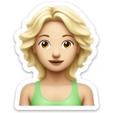 angelic blonde yoga girl in light pink yoga outfit and eyes green sticker