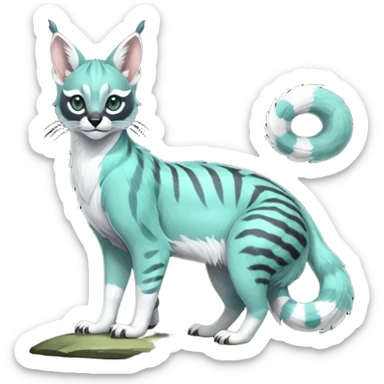 Colorful dark tropical pale light jade-green, mint-blue, whitish pastel white glorious divine exotic cute cool beautiful shiny beautiful fantasy-caracal-civet-genet-sergal-vernid-Gryphon-Cacomistle-Trico-oncilla-animal-Fakémon-hybrid-fursona (full body) sticker