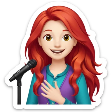 A red long hair cheerful teen singer with colorful outfit, performing with big smile.
 sticker
