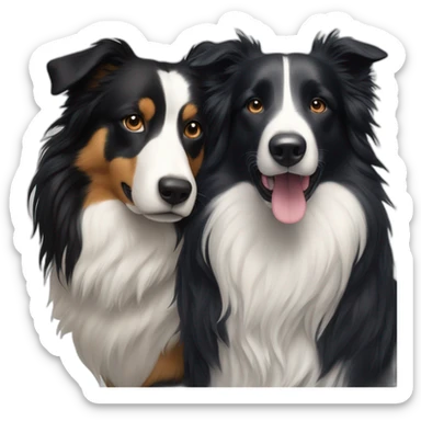 A family photo of a 30-year-old very long black hair next to a black and white border collie sticker
