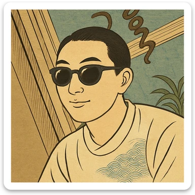 Remove the hat and add sunglasses to the person in ukiyo-e style, keeping bold outlines and soft color gradients. sticker