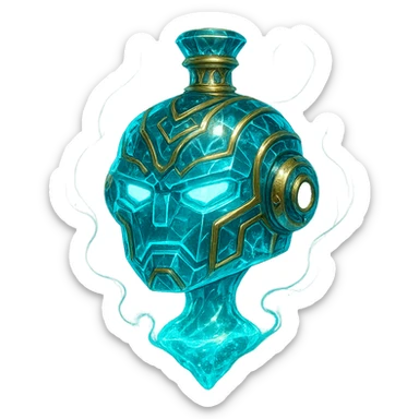 luxurious crystal elixir bottle in the shape of a robot head, cyan color, lots of glowing, edges, ornaments, golden details, magical effects, very small golden neck, transparent background, beautiful merging bottom, clearly floating in the air, no base or shadow, premium class impression, interesting futuristic design, matching a collection of crystal, luxurious, magical bottles sticker