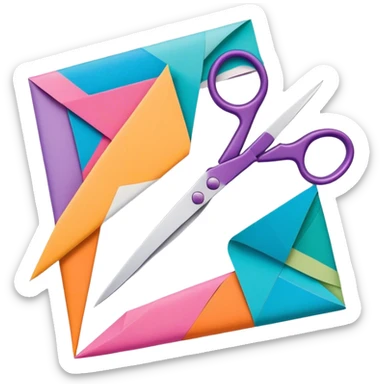 Paper craft icon, folded paper, scissors, decorative paper patterns, vibrant colors, minimalistic style, clean lines, transparent background. sticker