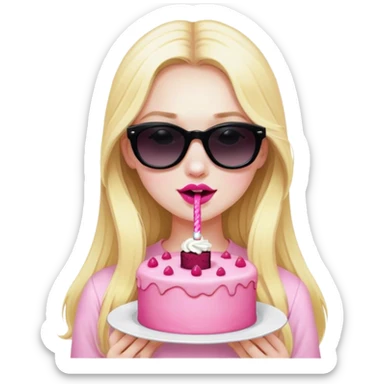 Blonde girl with pale skin and long hair wearing black sunglasses having pink cake  sticker