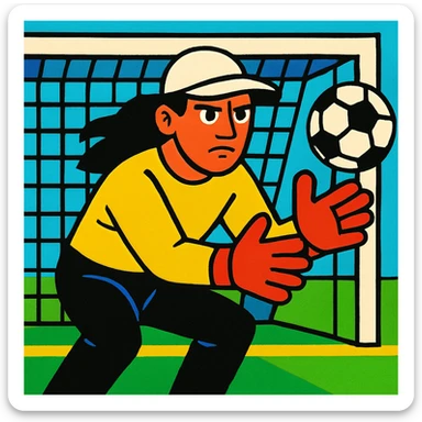 un portero de fútbol con ropa amarilla, gorra blanca, pelo largo negro, pantalón negro, guantes rojos y cara seria, estilo ilustración colorida sticker