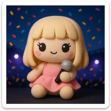 Pretty and girly Blonde pop star with bangs, holding a bedazzled microphone, reimagined as a soft kawaii plushie doll, with a nighttime concert backdrop with colorful confetti sticker