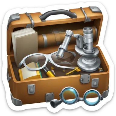 toolbox for scientist with a book, glasses, microscope sticker