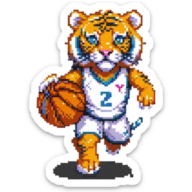 cartoon tiger playing basketball pixel art sticker