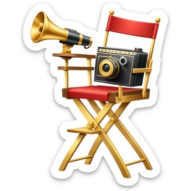 Icon for Directing: a director's chair, a large film camera, a megaphone, a stage set with lights and an Oscar statuette. The icon should represent the creative and leadership aspects of directing, with focus on film and theater production. Transparent background. sticker