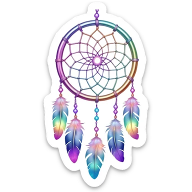 Iridescent pastel rainbow colorful transparent bright light luminescent dream-catcher hanging from an iridescent chain sticker