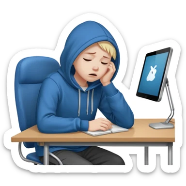 A person wearing a hoodie experiencing burnout, exhausted and overwhelmed, tired eyes, slumped posture, sitting at a desk, iOS emoji style sticker