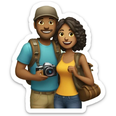 Create an emoji of couple travellers who love road trip and female has a dslr in hand sticker