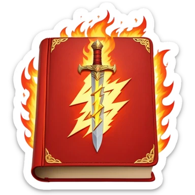 A fiery red book with golden details, a textured, leather-like cover, a flaming sword, or a lightning bolt, radiating power, resilience, and the fire of transformation-- the inner strength book sticker