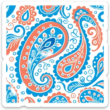 Beautiful high detail, paisley motif, seamless pattern print in soft and bright Coral, pale blue, white and Bedazzled Blue colors. Must be visually appealing, 4k hd, 3000x3000, DPI 300 sticker