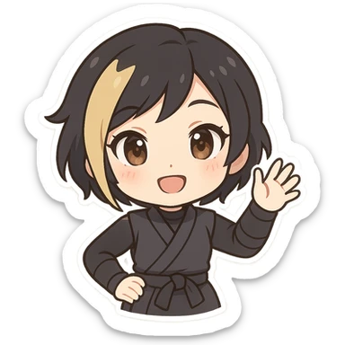 Chibi ninja girl with black short hair and a blonde streak, big head, small body and arms, not overly round or infant-like, cute and playful, anime-style face with large expressive eyes, small nose and mouth, subtle blush, hand fully raised, waving, smiling, pastel colors, soft shading, clean outlines, no mask, transparent background, face looks sexy with slightly parted lips, confident gaze, longer lashes, subtle contouring. sticker