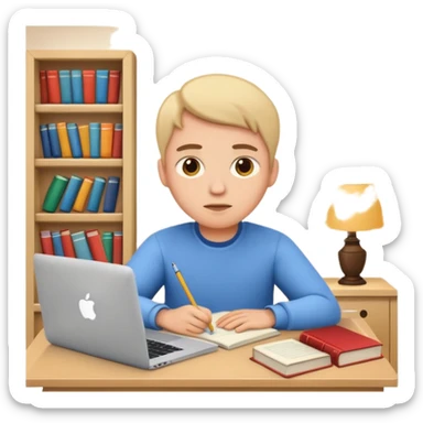 emoji student studying at home english books, macbook bored, room, white background sticker