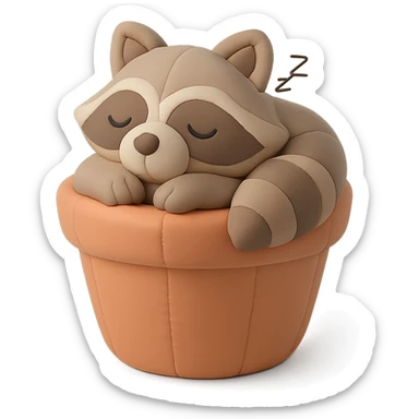 sleepy raccoon inside a flower pot, pastel earthy colors, cushion style sticker